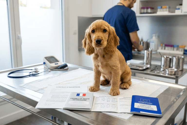 documents adoption cocker — chiot Cocker spaniel et carnet de santé chez le vétérinaire