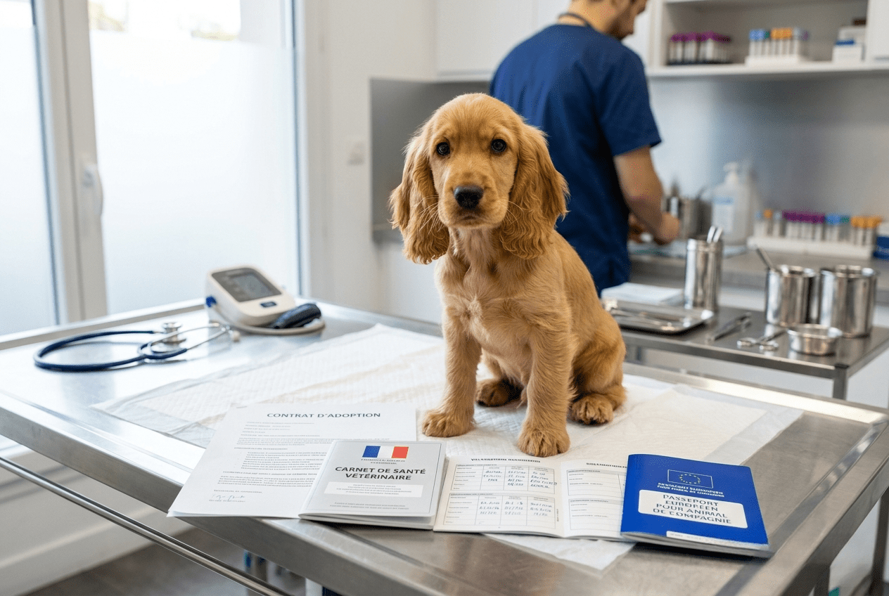 documents adoption cocker — chiot Cocker spaniel et carnet de santé chez le vétérinaire