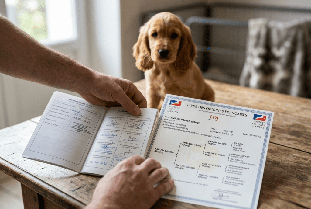 Documents obligatoires adoption chiot cocker élevage sérieux carnet santé LOF