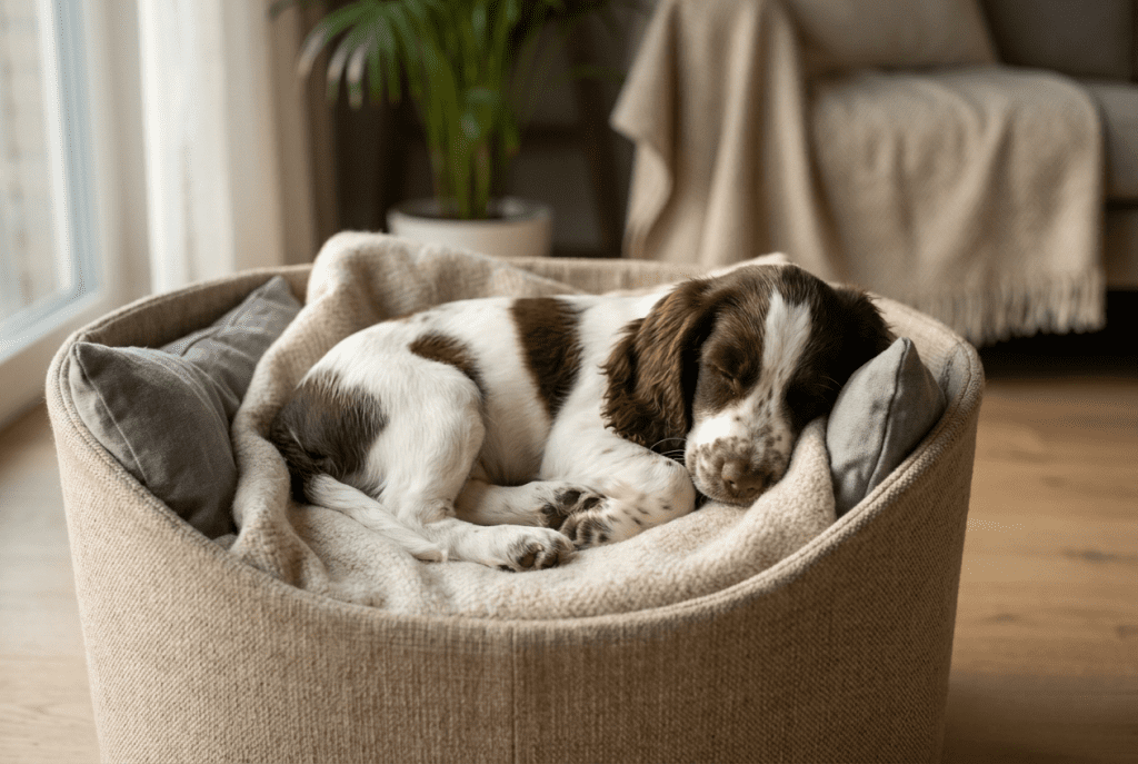 chiot Cocker dans son panier confortable à la maison, arrivée bien préparée