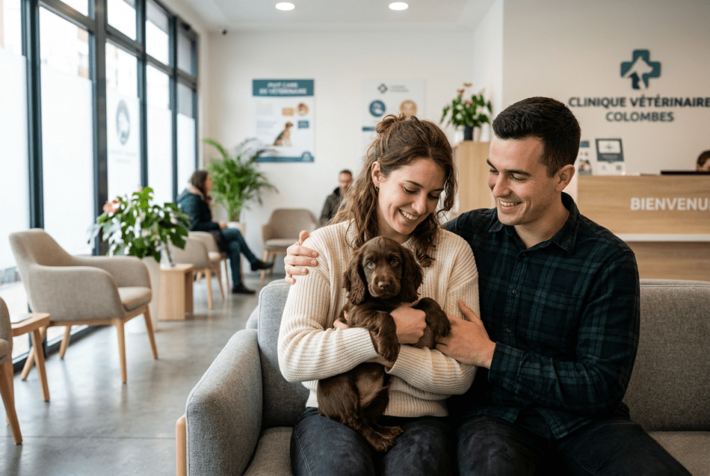 couple adoptant un chiot cocker spaniel avec documents vétérinaires