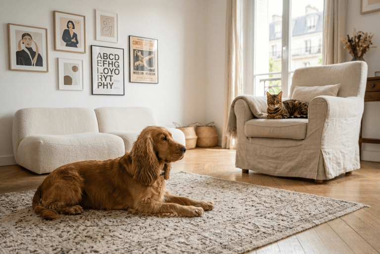 cohabitation Cocker et chat dans un salon familial