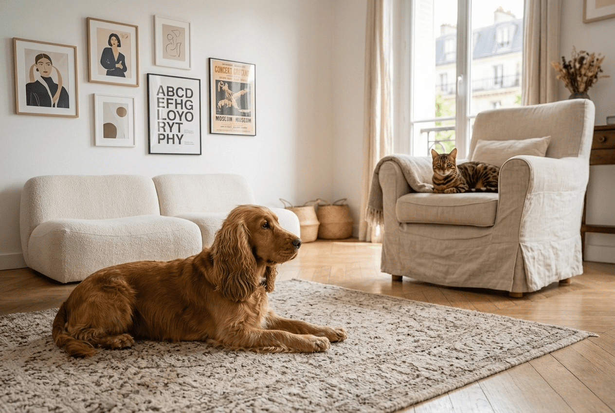 cohabitation Cocker et chat dans un salon familial