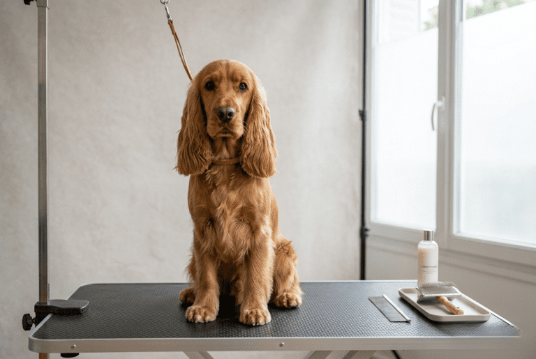 Coupe du Cocker sur table de toilettage vue de profil