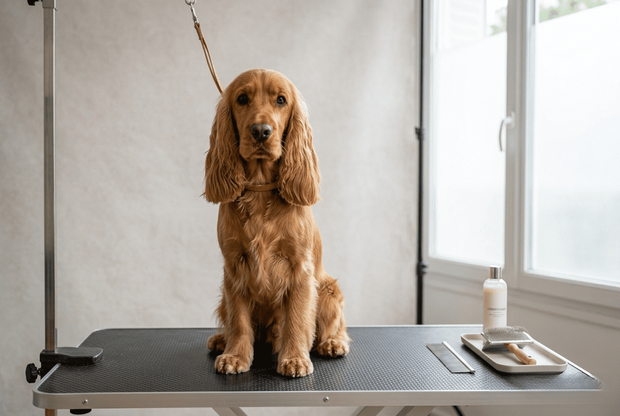 Coupe du Cocker sur table de toilettage vue de profil