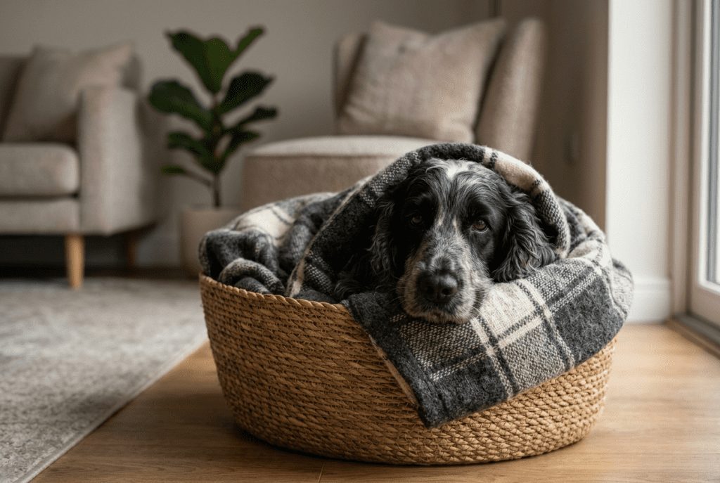 Cocker adulte dans son panier après adoption