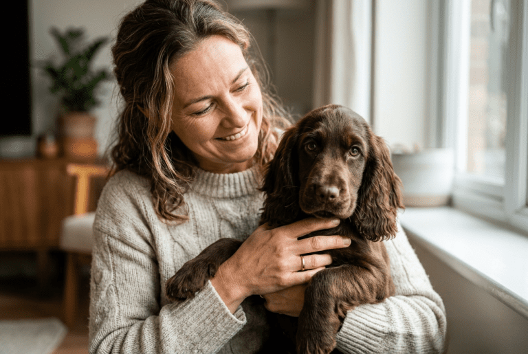 adopter un chiot Cocker — chiot dans les bras de son futur maître au regard expressif