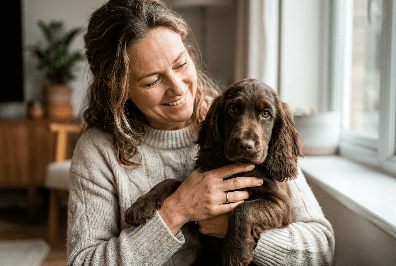 adopter un chiot Cocker — chiot dans les bras de son futur maître au regard expressif