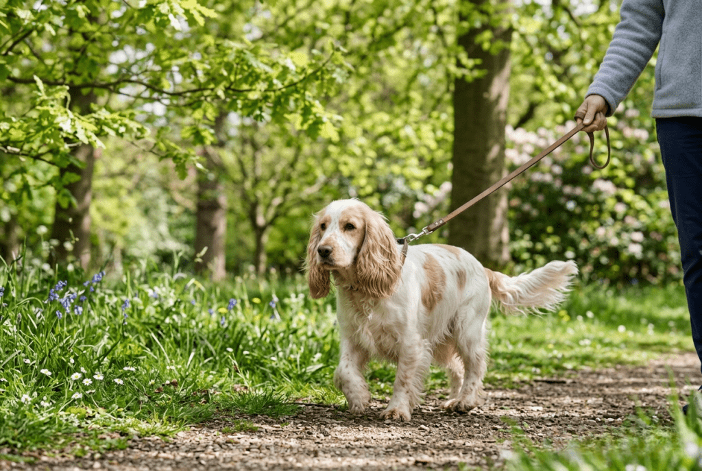 Cocker adulte en balade calme avec son maître au parc