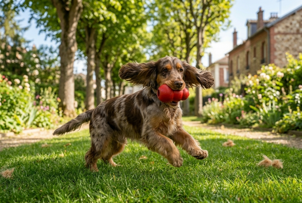 Cocker jouant avec un jouet Kong résistant dans le jardin - activité et stimulation