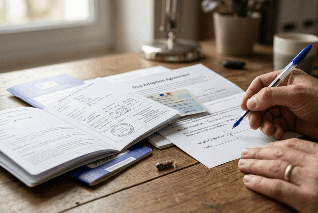 carnet de santé et documents adoption cocker posés sur une table
