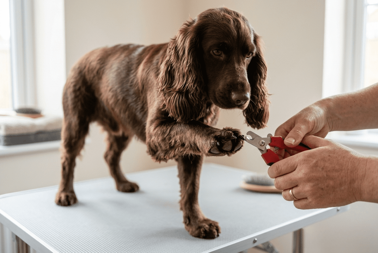 couper griffes cocker — Cocker Spaniel pendant la coupe de griffes à domicile