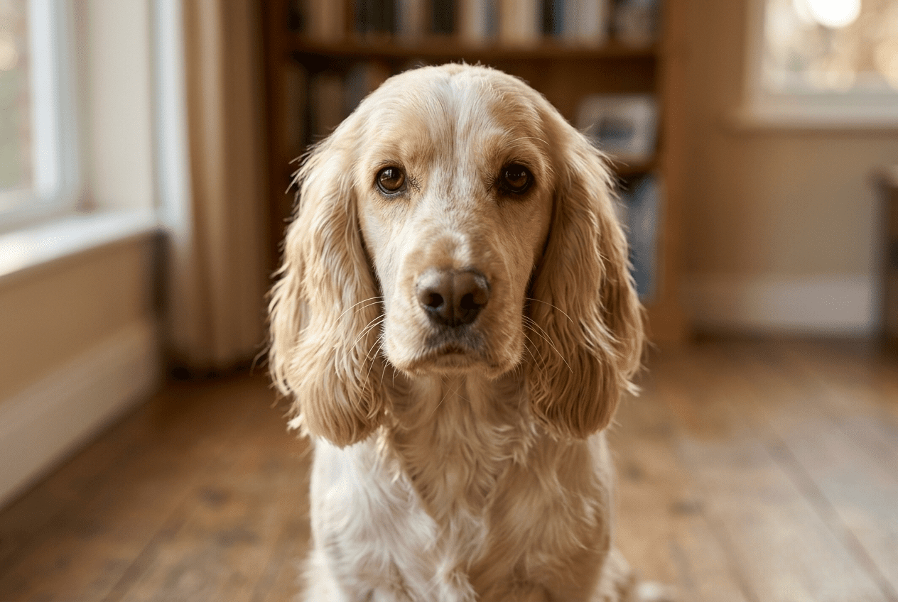 cocker regarde fixement son maître avec des yeux expressifs