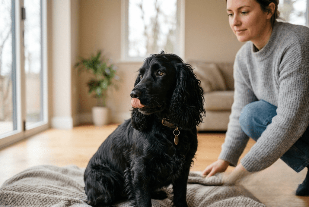 cocker se lèche les babines en signal d'apaisement face à son maître