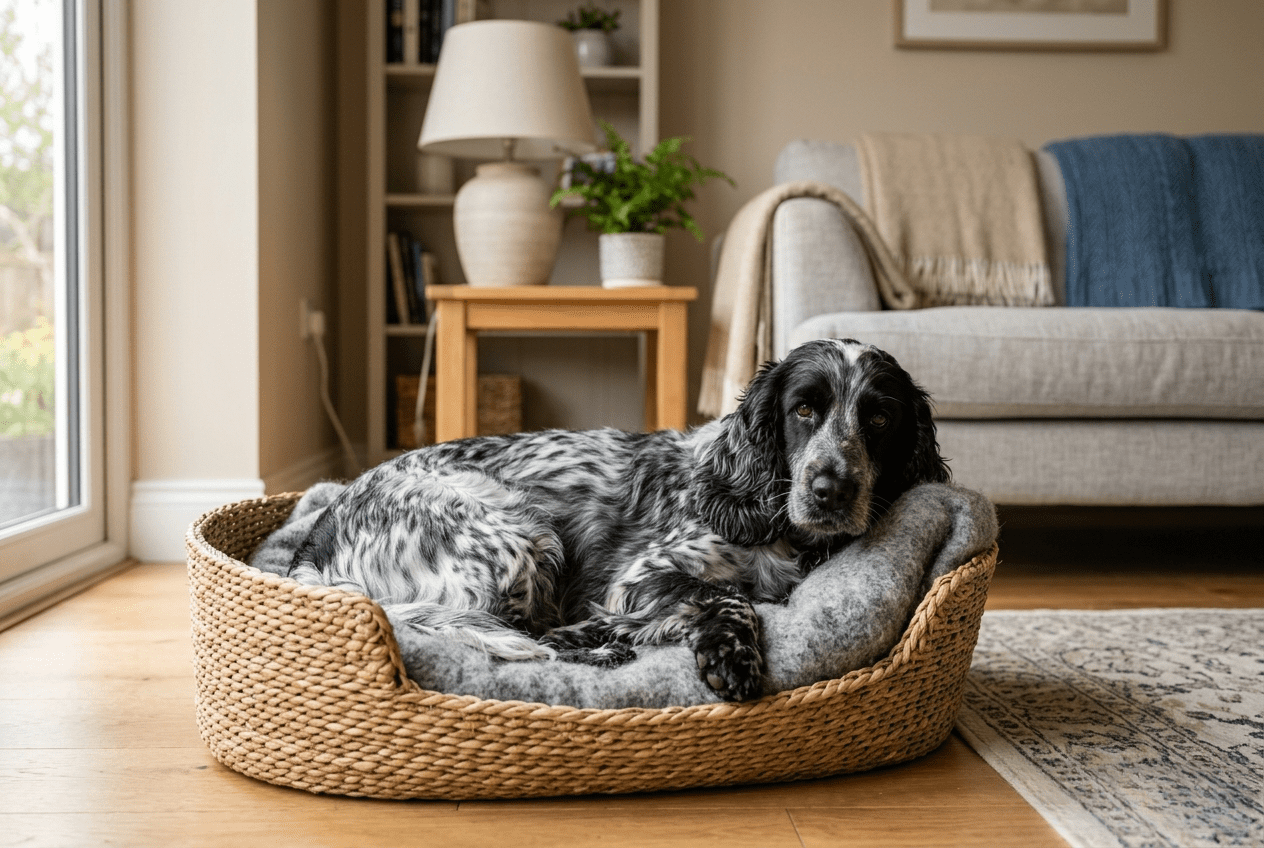 cocker au panier bien installé dans son coin calme