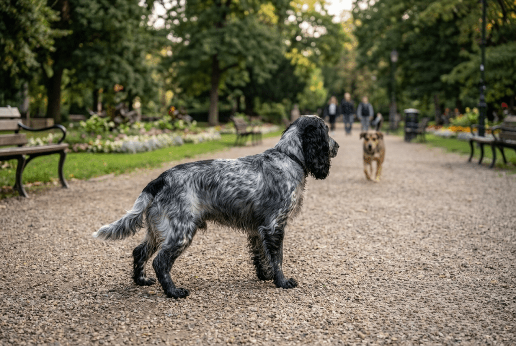 cocker se fige face à un autre chien, signe de stress