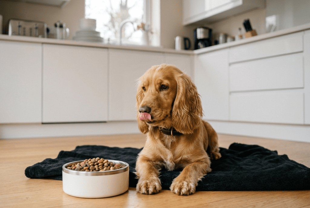cocker qui se lèche les babines et refuse sa gamelle, signe de nausée