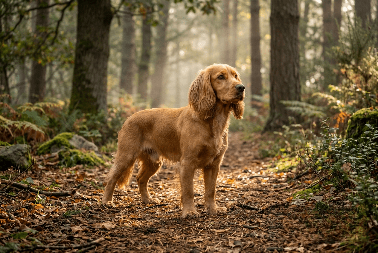 cocker qui se fige en balade, attitude d'alerte