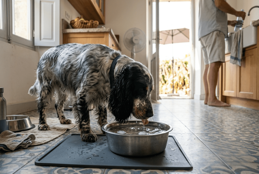 cocker qui boit de l'eau fraîche pendant la canicule