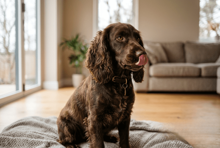 cocker qui se lèche les babines dans le salon, signe de communication canine