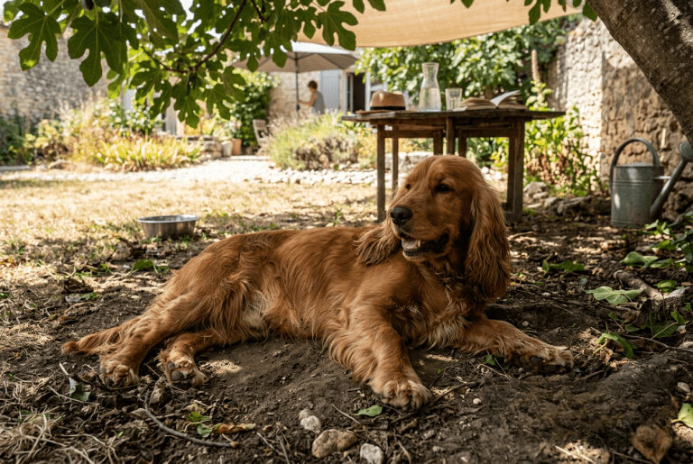 canicule cocker anglais allongé à l'ombre du jardin en été