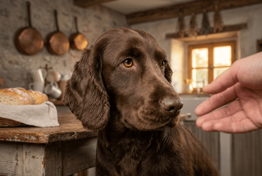 Cocker détourne le regard en signal d'apaisement face à une main tendue