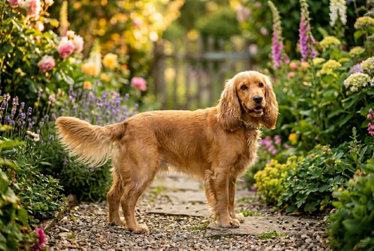 cocker remue la queue dans un jardin, expression attentive