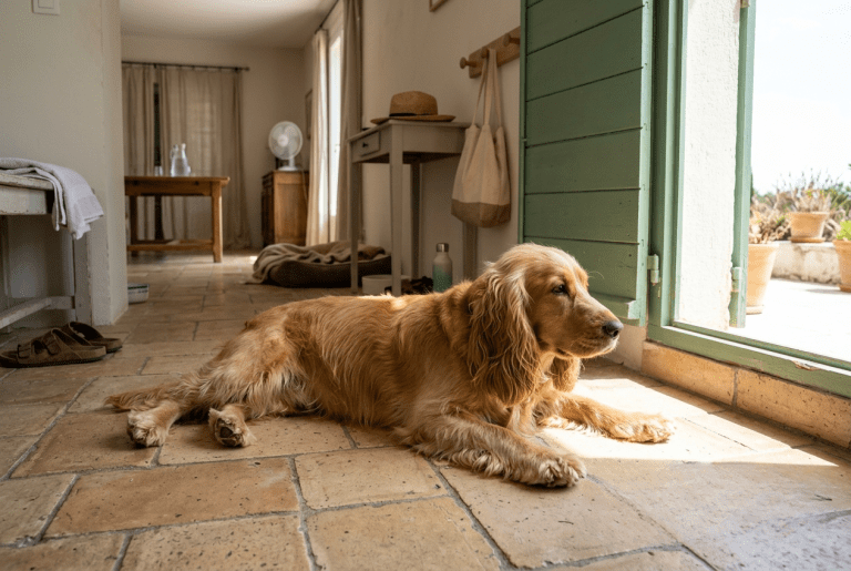 comment rafraîchir un cocker en été allongé sur carrelage frais