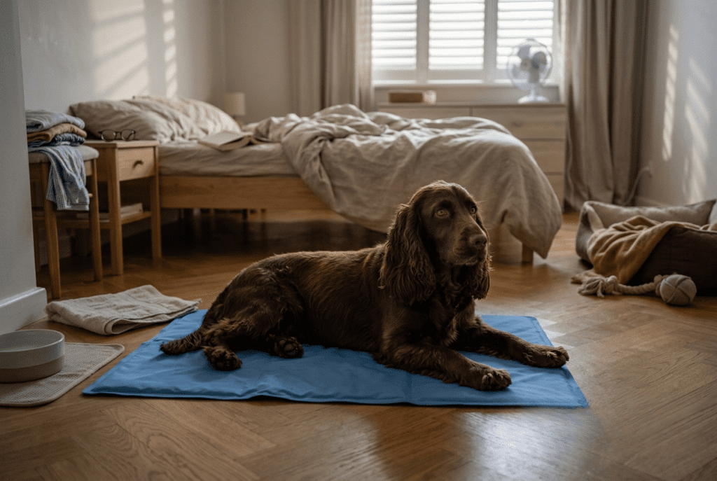 cocker sur tapis rafraîchissant chaleur été