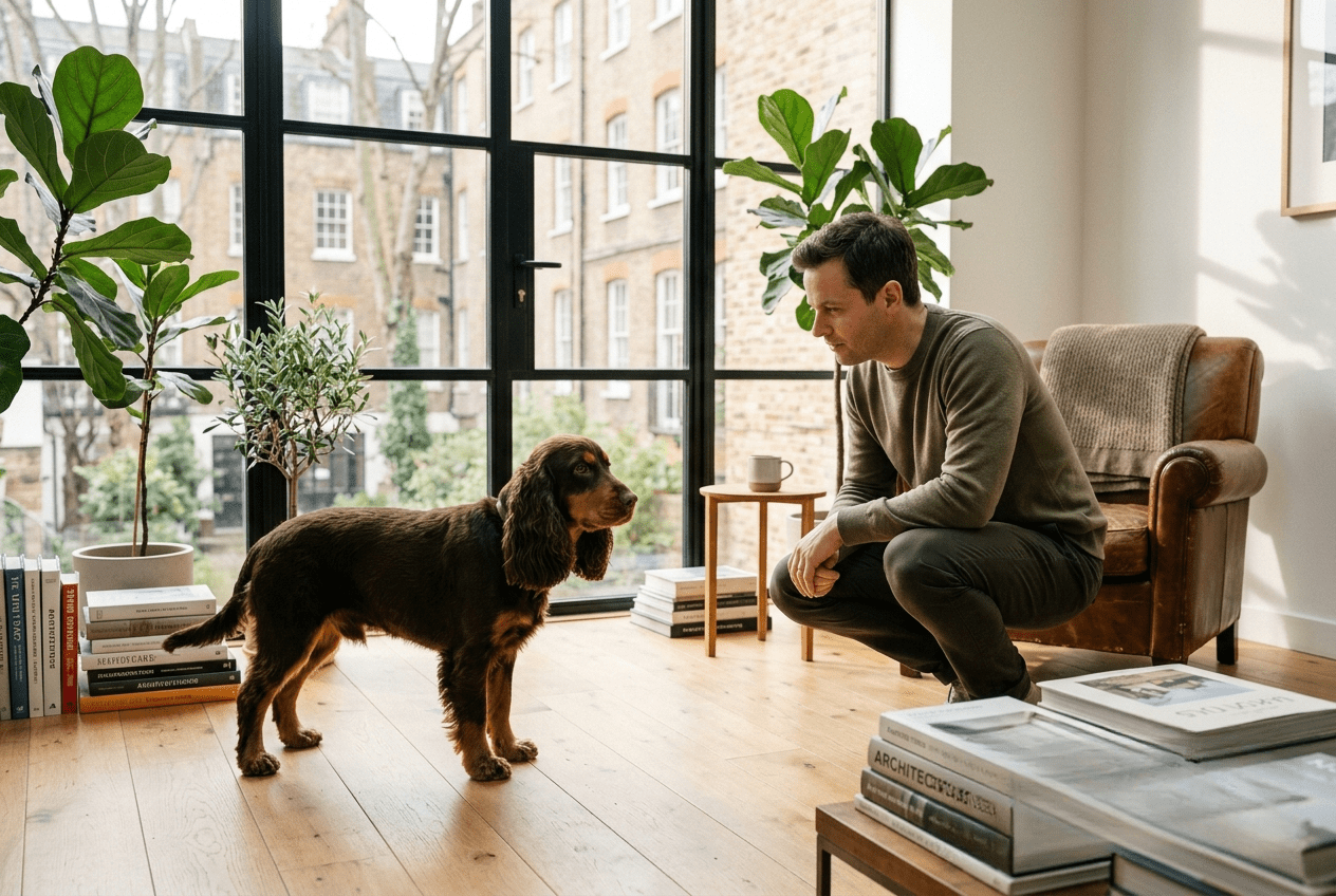 Cocker qui détourne le regard face à son maître dans un salon