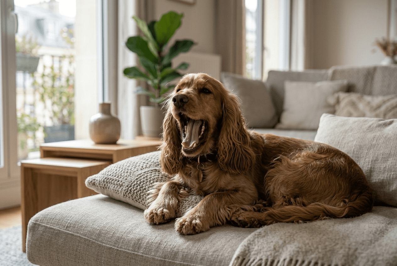 cocker bâille signification – Cocker Spaniel qui bâille sur un canapé
