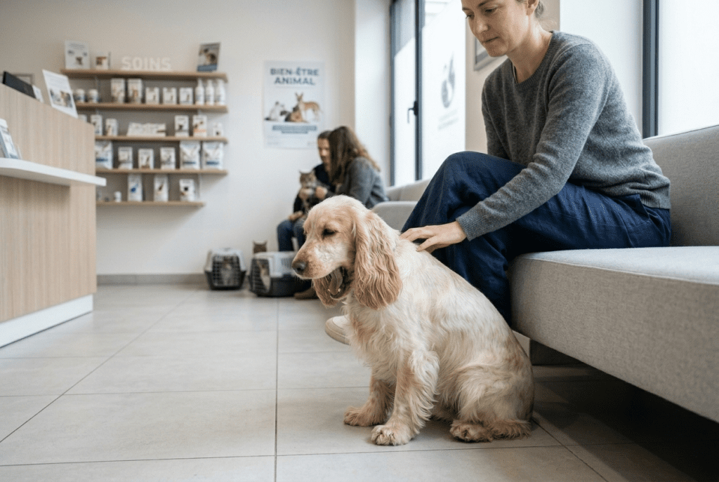cocker bâille stress vétérinaire – signal d'apaisement en situation de tension