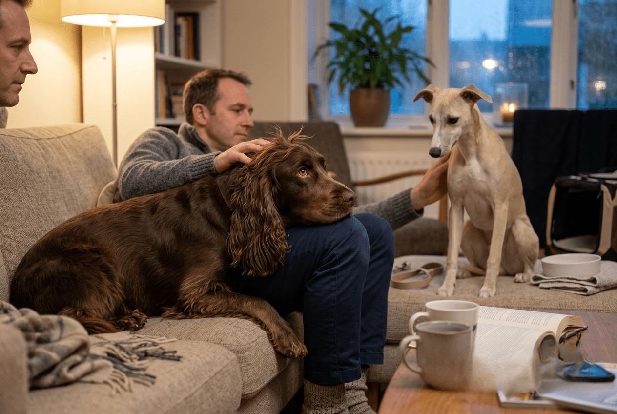 cocker jaloux appuyé contre son maître qui regarde un autre chien