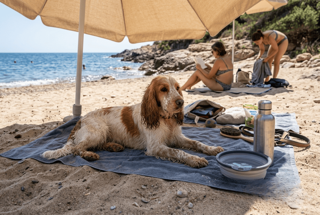 cocker se reposant à l'ombre après une baignade à la plage