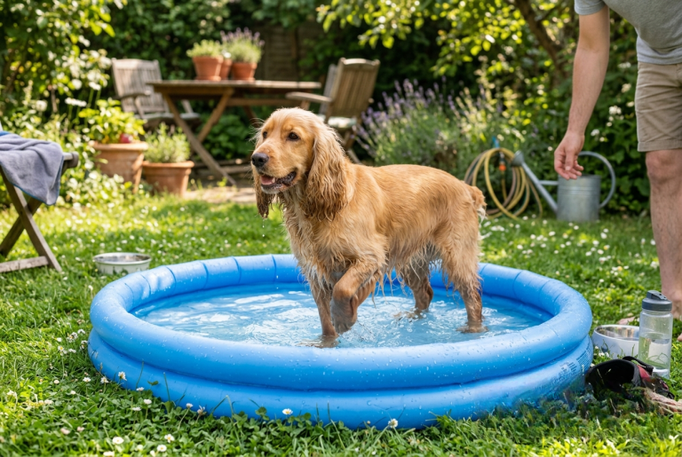 Cocker jouant dans une piscine gonflable pour chien en été