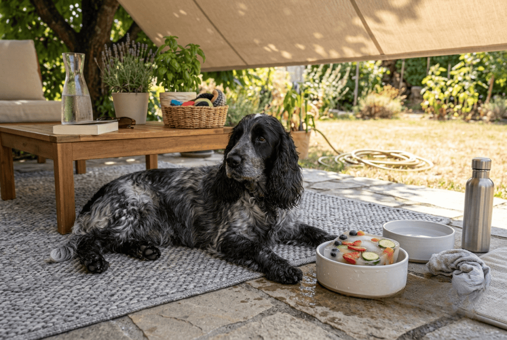 cocker au frais après son bol glacé pendant la canicule