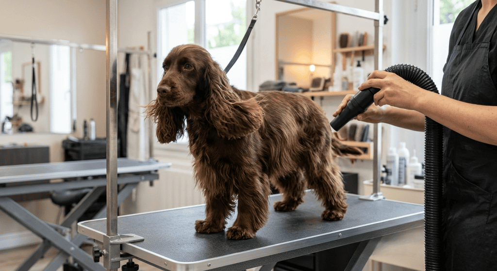 Séchoir souffleur utilisé sur le pelage d'un Cocker Spaniel