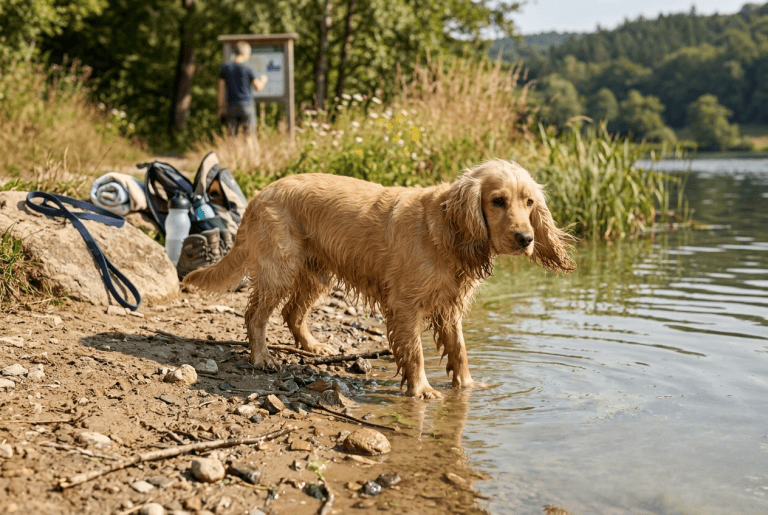 Cocker Spaniel au bord d'un lac en été, risque de cyanobactéries