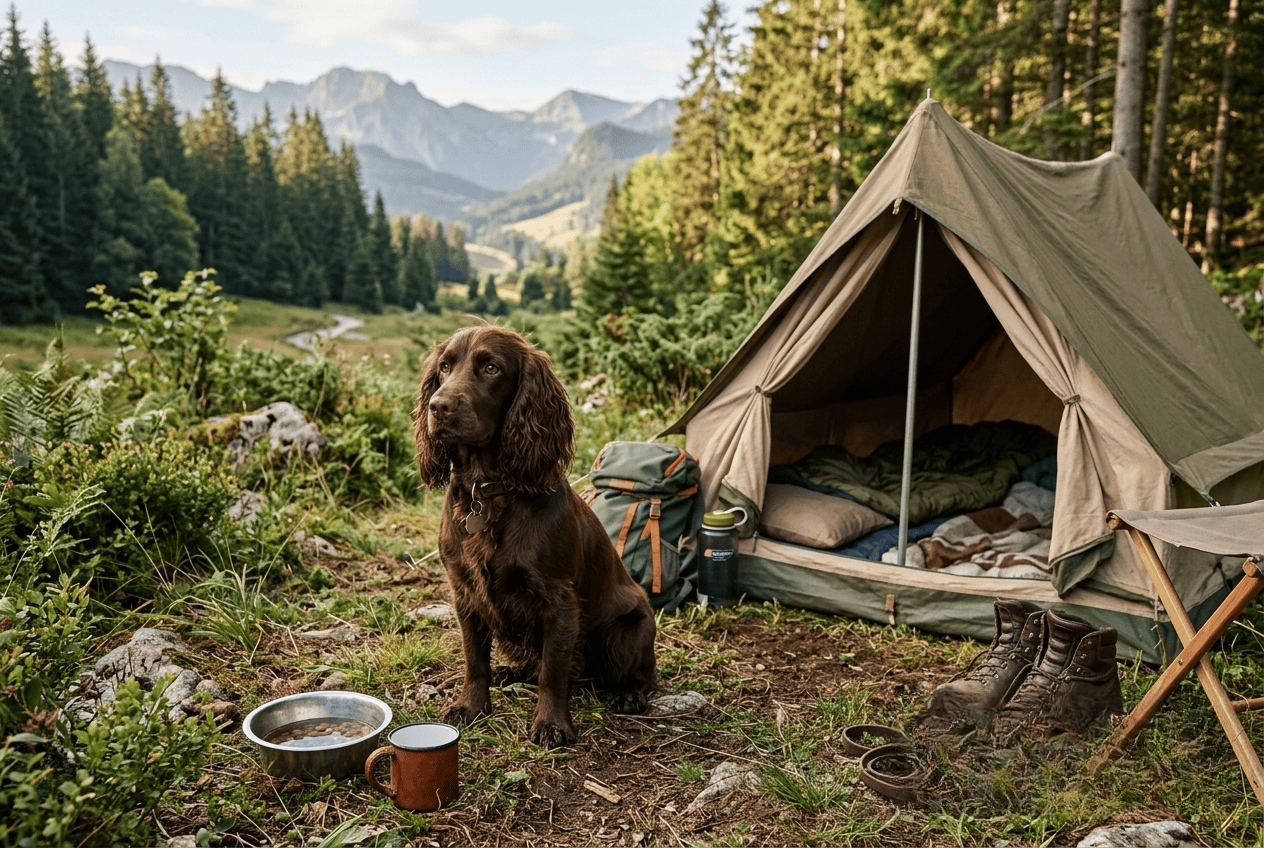 camping avec son chien cocker en pleine nature