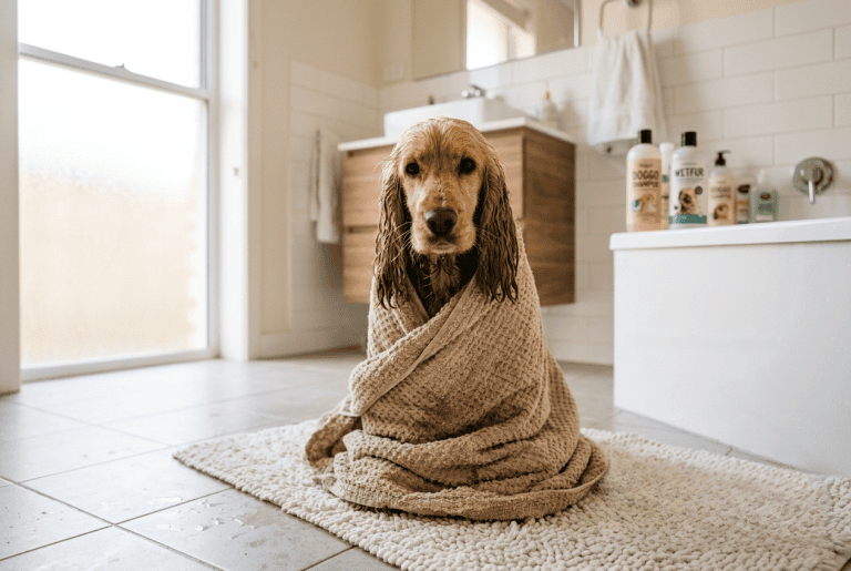 Cocker mouillé enveloppé dans une serviette après son bain