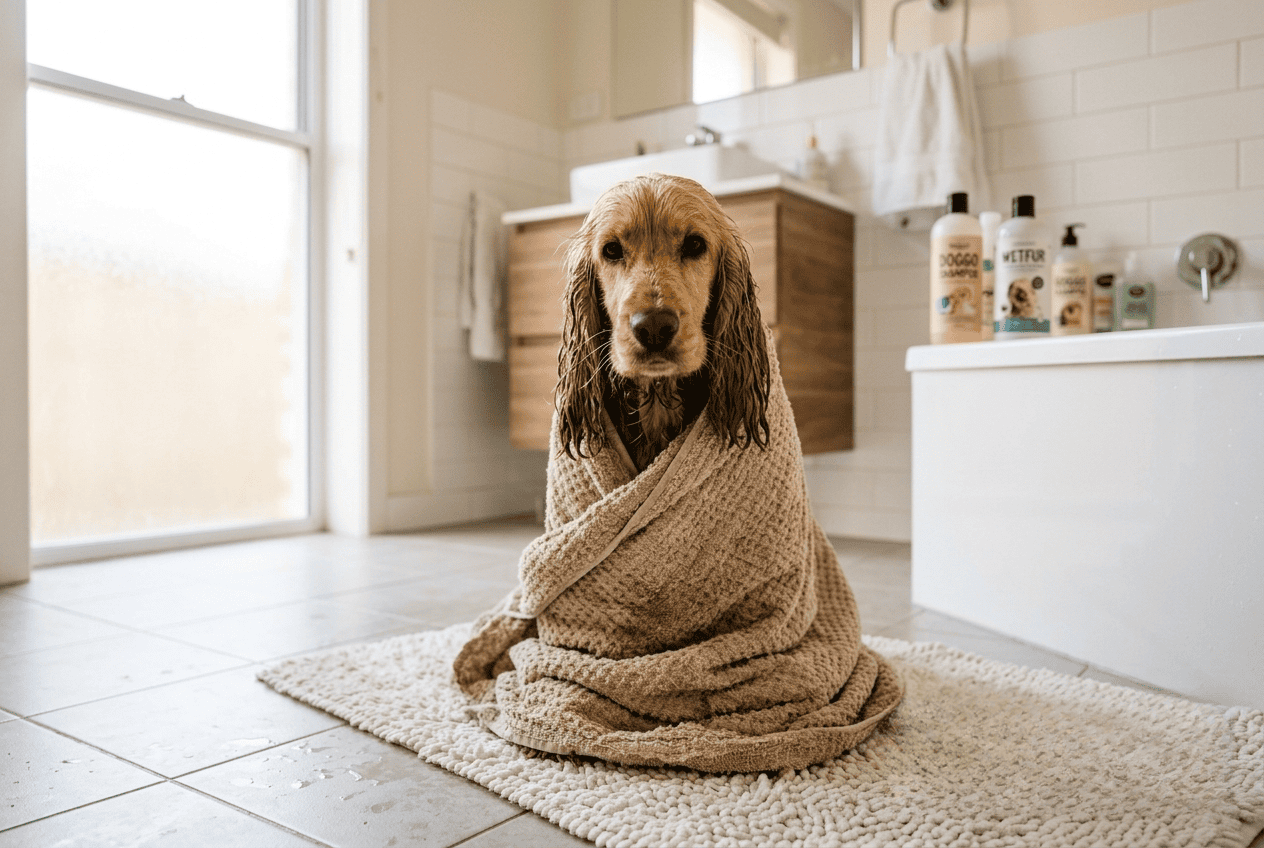 Cocker mouillé enveloppé dans une serviette après son bain