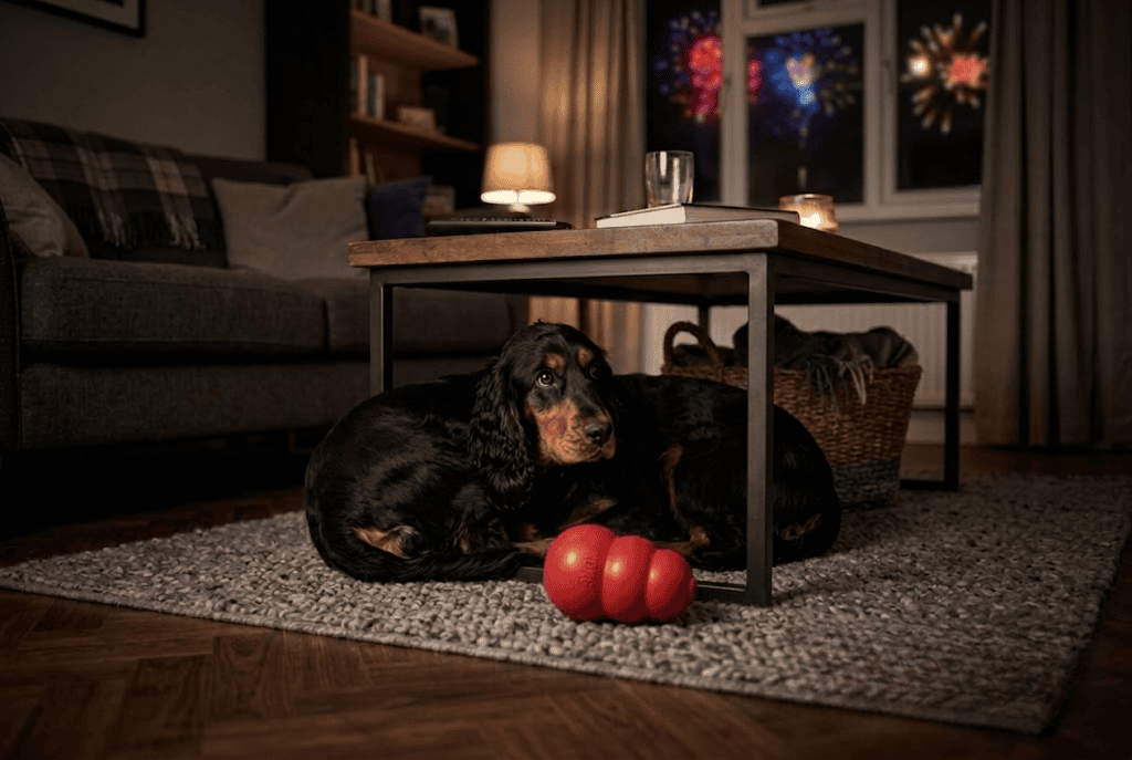 Cocker stressé qui se cache pendant les feux d'artifice