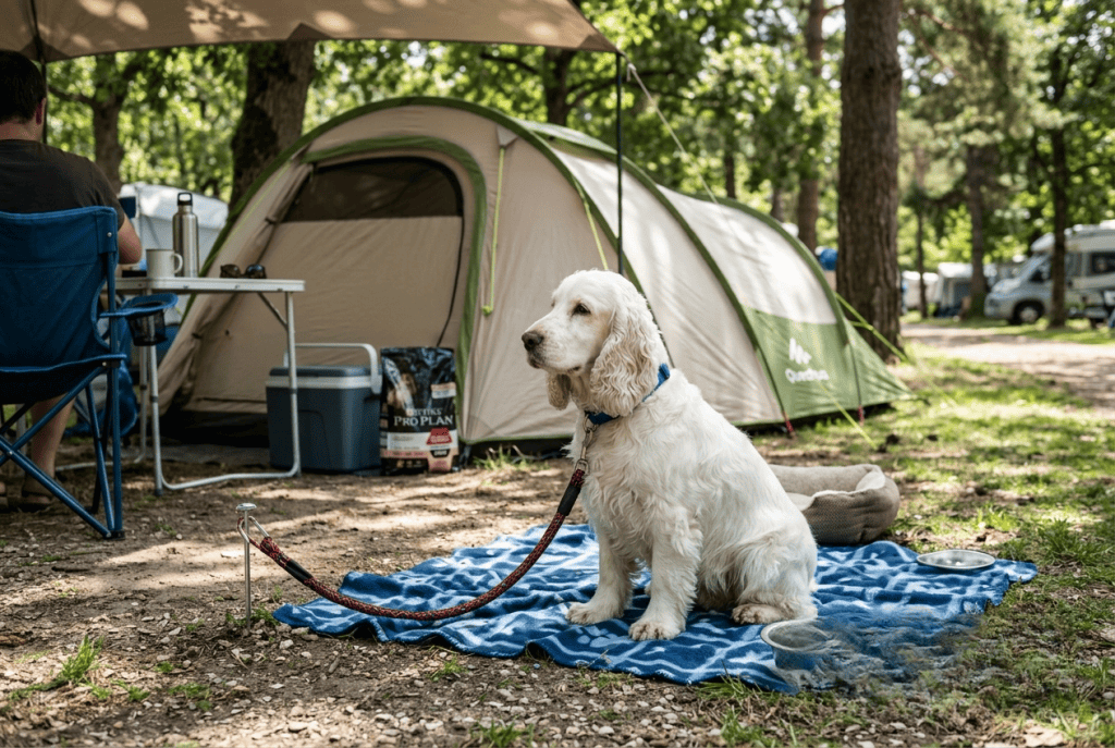 cocker attaché en sécurité sur un emplacement de camping