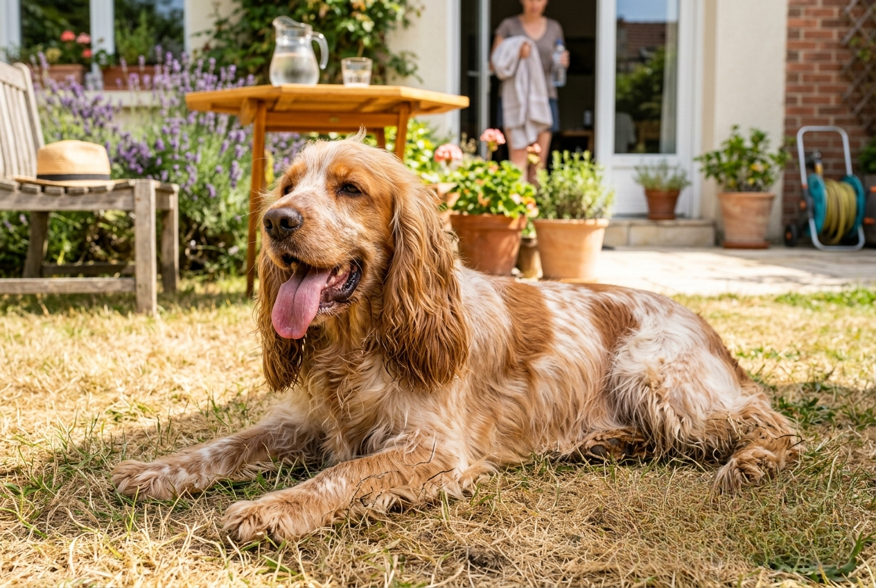 cocker halète chaleur - chien cocker spaniel haletant au soleil en été