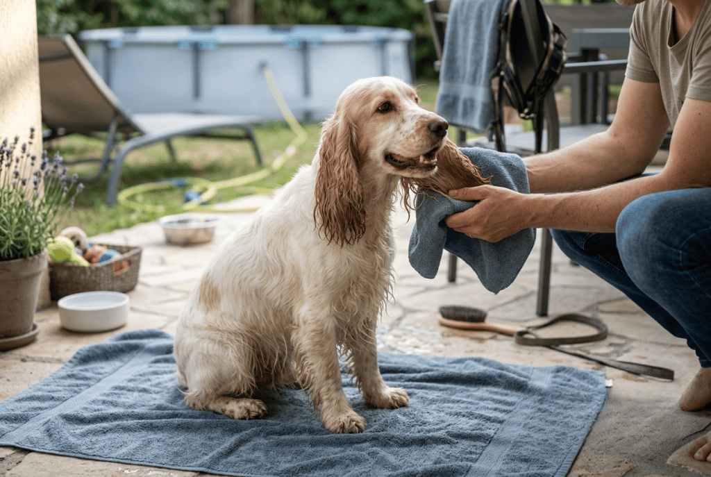 séchage des oreilles du cocker après la piscine