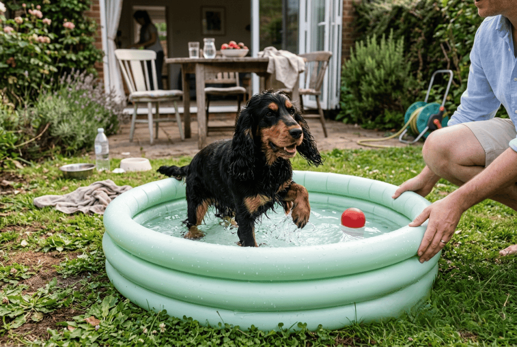 cocker qui joue dans une piscine gonflable en été