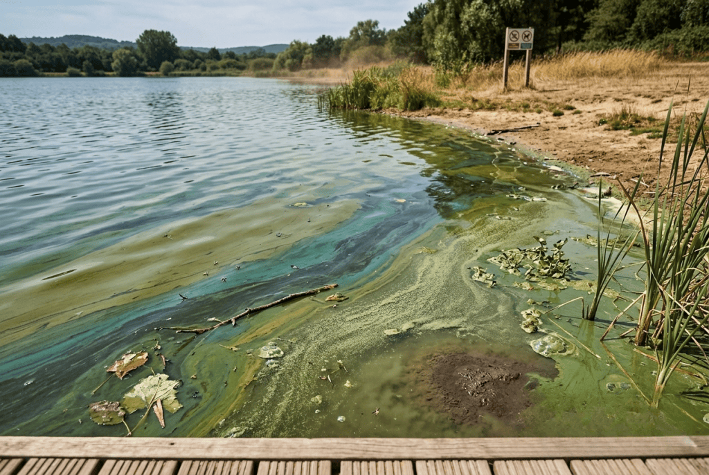 Prolifération d'algues toxiques dans un lac en été, eau verdâtre
