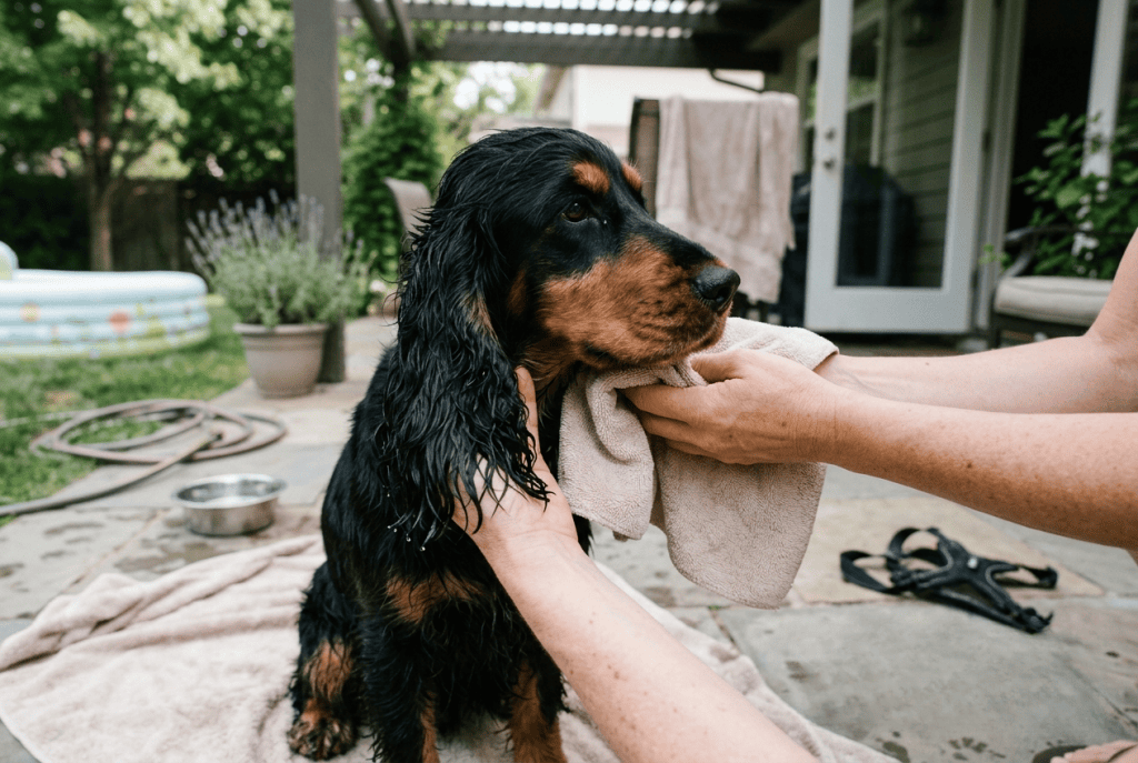 Séchage des oreilles d'un Cocker après la baignade en piscine