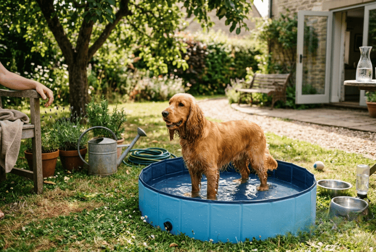piscine pour chien cocker qui se rafraîchit dans le jardin