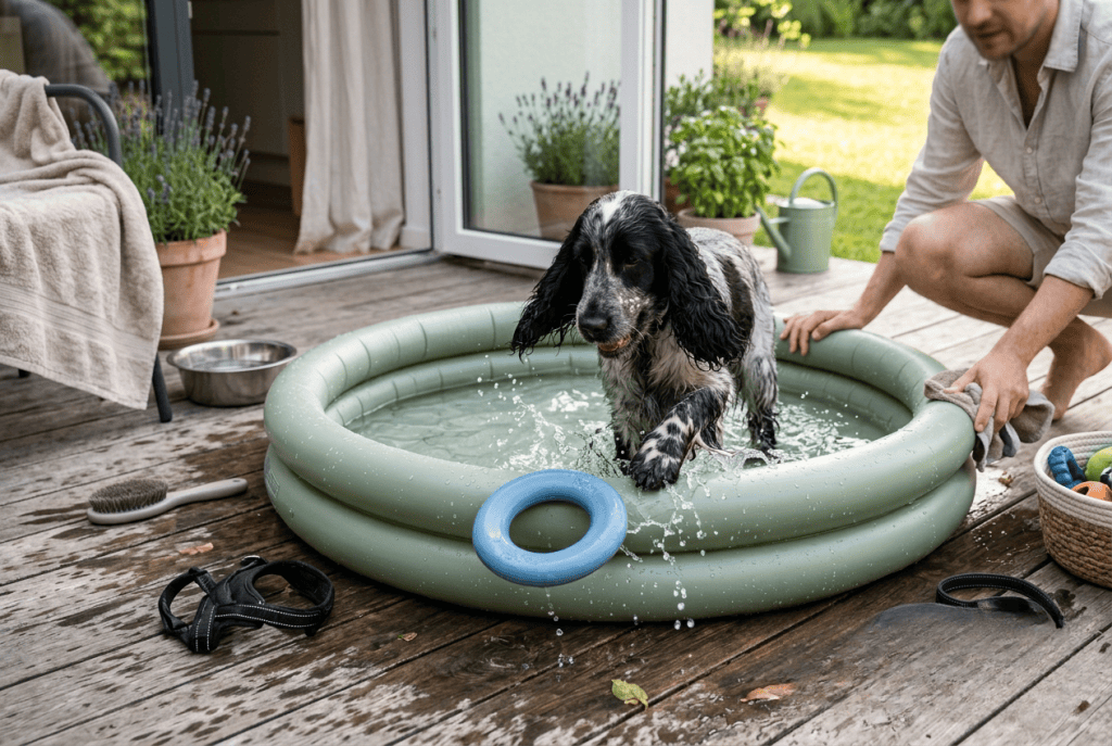 Cocker jouant avec un jouet flottant dans une piscine gonflable pour chien